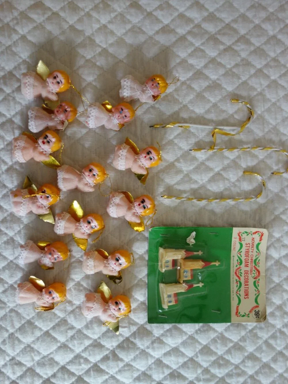 Vntg Christmas Tree Ornaments Plastic Angels / Styrofoam Churches